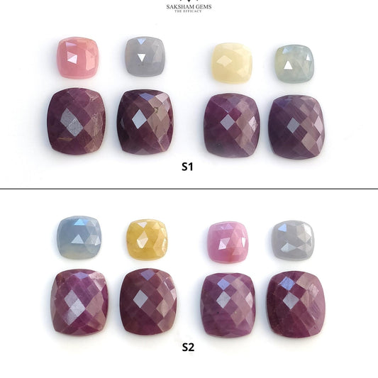 RUBY And Multi SAPPHIRE Gemstone Rose & Checker Cut : Natural Untreated Ruby Sapphire Cushion Shape 8pcs Lots