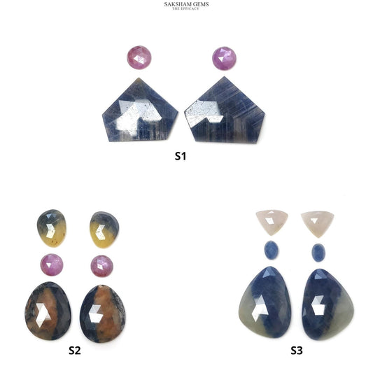 Silver Blue & Multi Sapphire Gemstone Rose Cut : Natural Untreated Unheated Sapphire Bi-Color Uneven Round Shape Sets For Jewelry