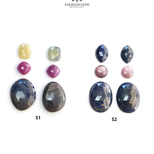 Blue Silver & Multi Sapphire Gemstone Rose Cut : Natural Untreated Unheated Sapphire Cushion Marquise And Oval Shape 6pcs Sets
