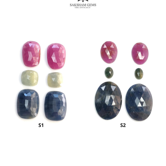 Blue Silver & Multi Sapphire Gemstone Rose Cut : Natural Untreated Unheated Sapphire Cushion And Oval Shape 6pcs Sets