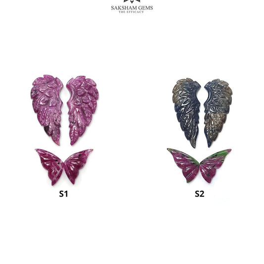 Blue Sapphire & Ruby Gemstone Carving : Natural Untreated Unheated Sapphire, Ruby Hand Carved Butterfly And Angel Wings Sets