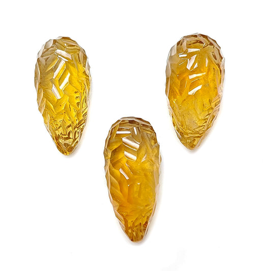 Citrine Gemstone Carving: 81.30cts Natural Untreated Yellow Citrine Hand Carved Teardrops Shape 26mm - 27mm 3pcs Set November Birthstone
