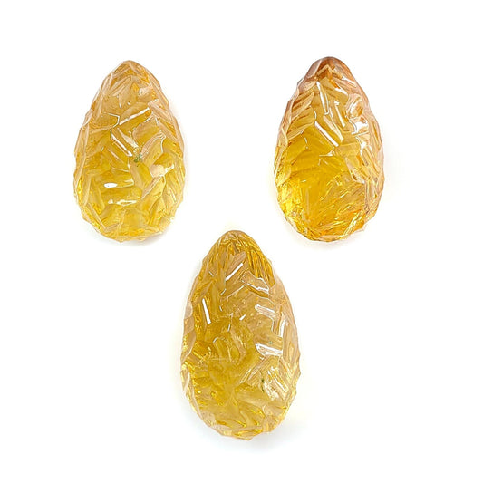 Citrine Gemstone Carving: 89.00cts Natural Untreated Yellow Citrine Hand Carved Teardrops Shape 22mm - 26mm 3pcs Set November Birthstone
