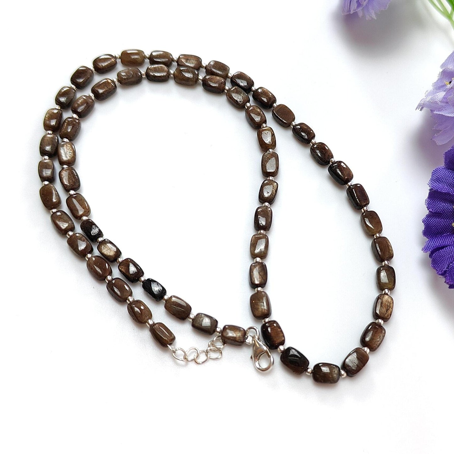 Golden Brown Chocolate Sapphire Gemstone Beads Necklace : 18.31gms 925 Sterling Silver Natural Plain Cushion Sapphire 5*4mm - 6*5mm 19"