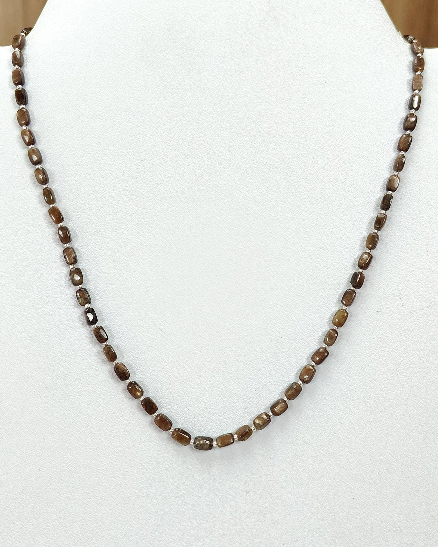 Golden Brown Chocolate Sapphire Gemstone Beads Necklace : 18.31gms 925 Sterling Silver Natural Plain Cushion Sapphire 5*4mm - 6*5mm 19"