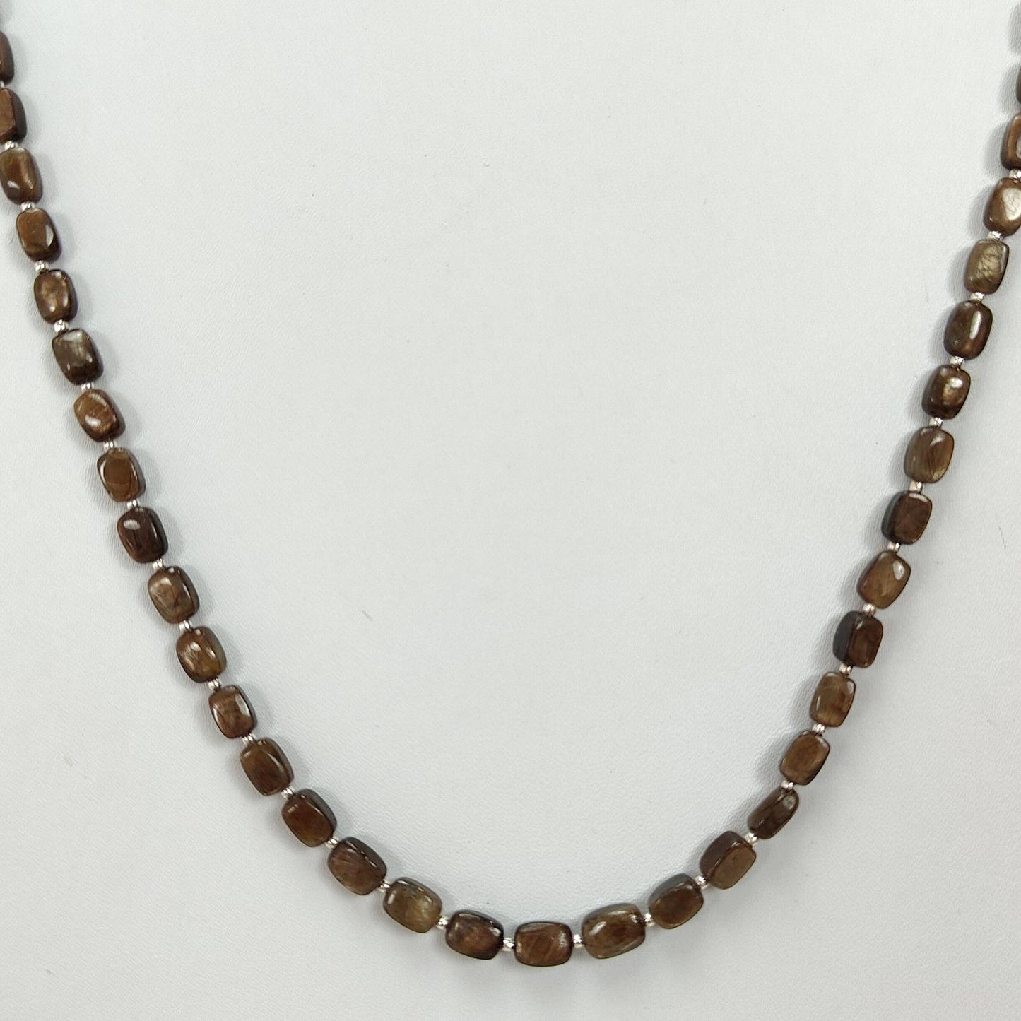 Golden Brown Chocolate Sapphire Gemstone Beads Necklace : 18.31gms 925 Sterling Silver Natural Plain Cushion Sapphire 5*4mm - 6*5mm 19"