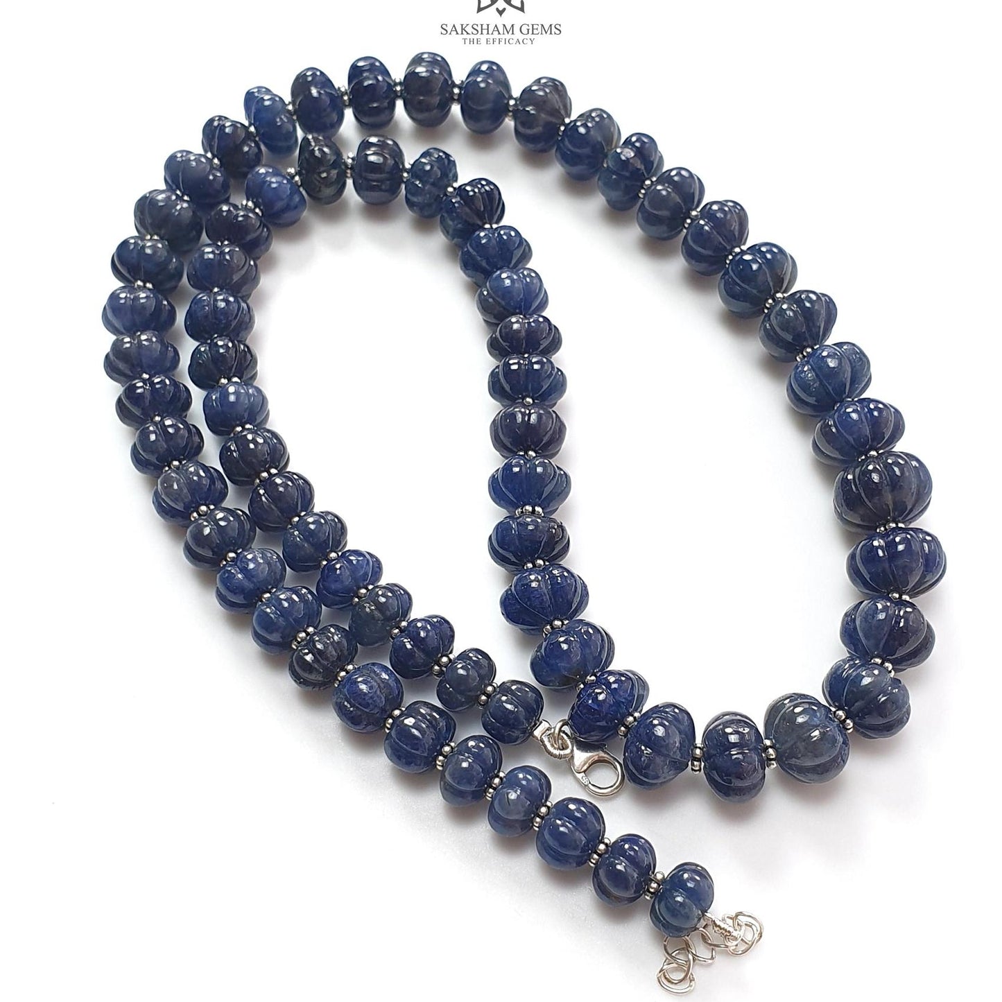 Blue Sapphire Melon Pumpkin Beads : 394.80cts 925 Sterling Silver Natural Sapphire Hand Carved Rondelle Melon Beads 8mm - 11mm 19.5"