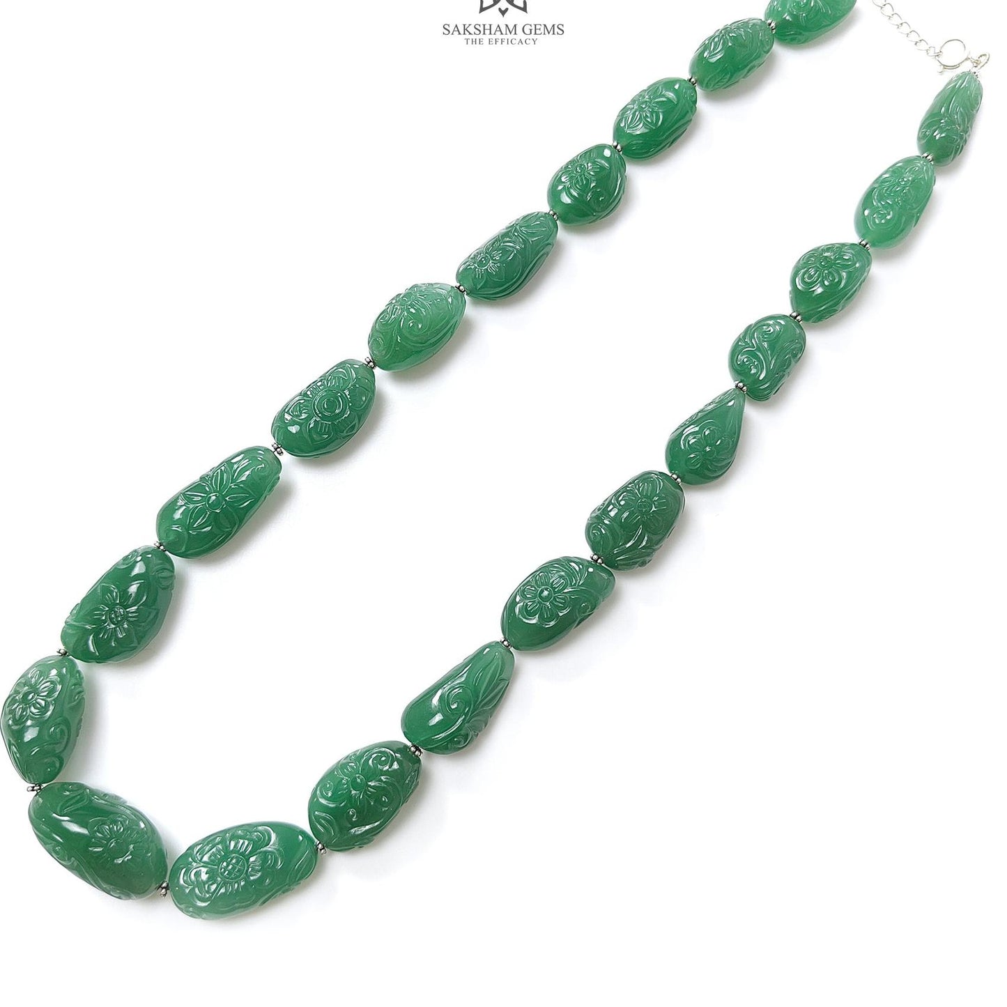 Green Quartz Carving Beads Necklace: 693.60cts Natural Untreated Quartz Shape Fancy Hand Carved 925 Sterling Silver 22*13mm - 32*17mm 22"