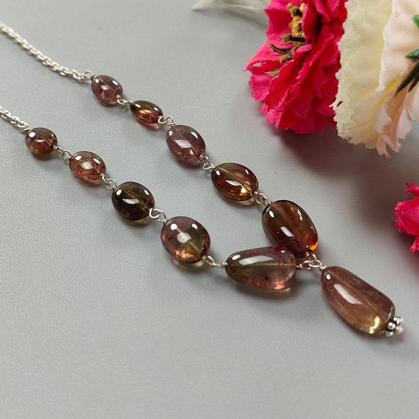 Watermelon Tourmaline Beads Chain Necklace: 52.90cts Natural Untreated Tourmaline 925 Sterling Silver Plain Oval 7*6mm - 13*8mm 21"