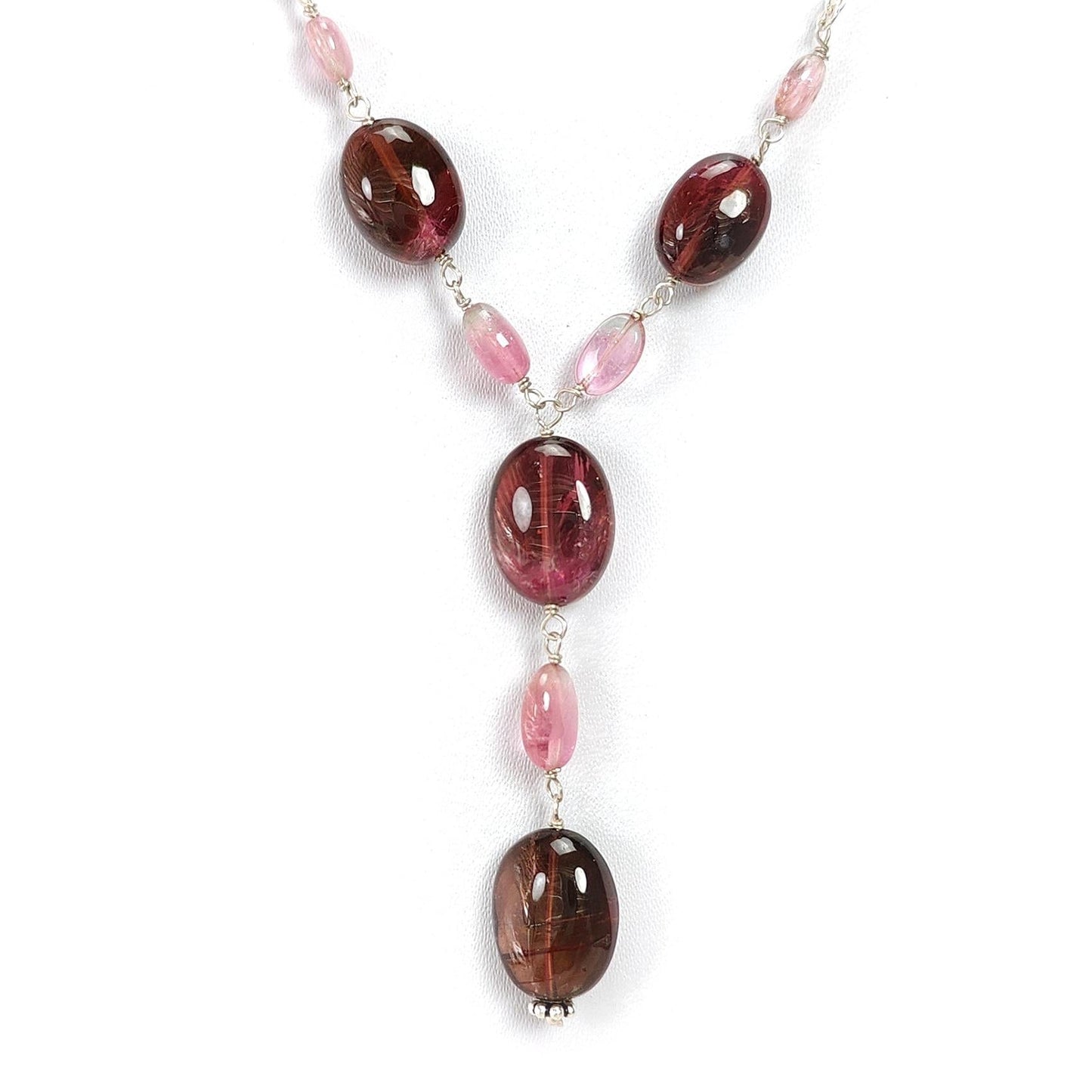 Rubellite Pink Tourmaline Beads Chain Necklace: 50.60cts Natural Untreated Tourmaline 925 Sterling Silver Plain 22"