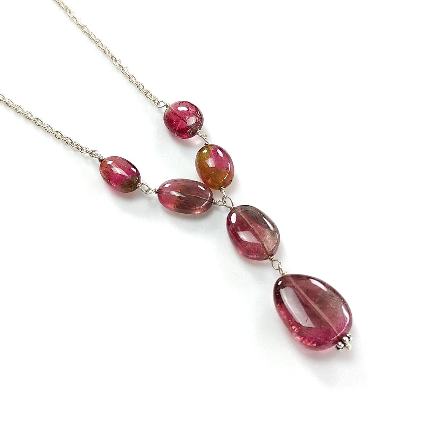 Rubellite Pink Tourmaline Beads Chain Necklace: 52.00cts Natural Untreated Tourmaline 925 Sterling Silver Plain Oval 10*7.5mm - 15*12mm 22"