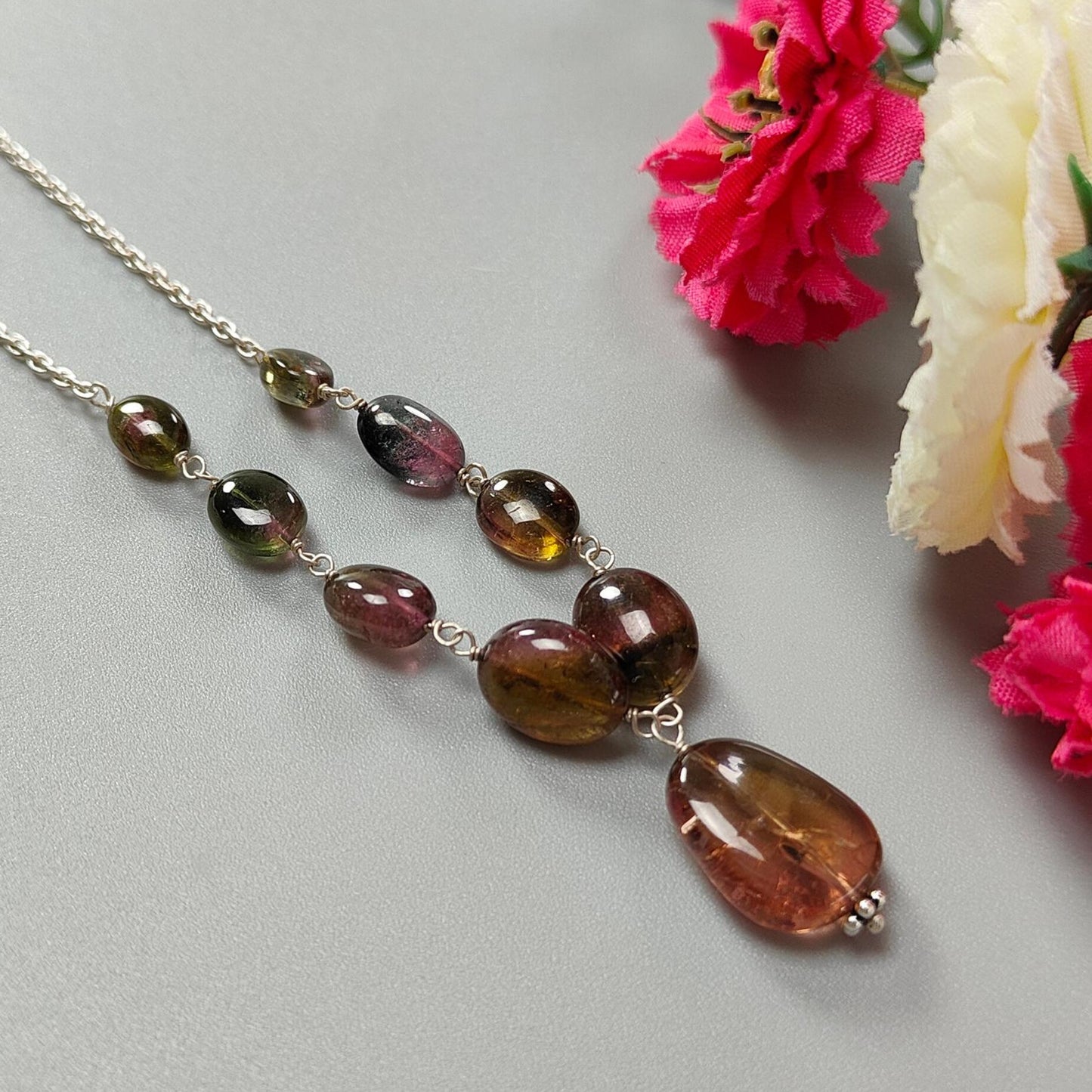 Watermelon Tourmaline Beads Chain Necklace: 49.20cts Natural Untreated Tourmaline 925 Sterling Silver Plain Oval 7*6.5mm - 15*12mm 21"