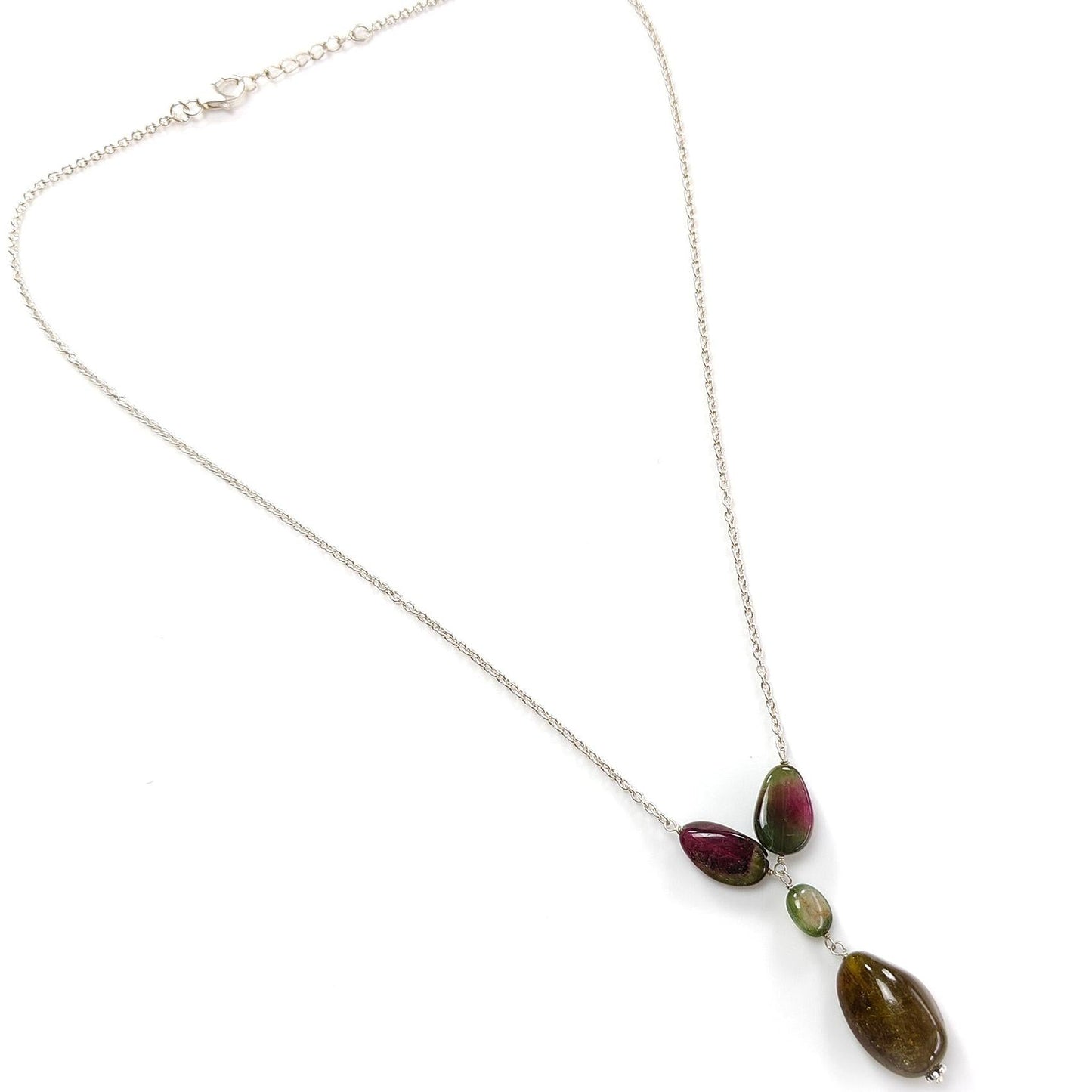 Watermelon Tourmaline Beads Chain Necklace: 58.25cts Natural Untreated Tourmaline 925 Sterling Silver Plain Oval 8*7.5mm - 21*13mm 22"