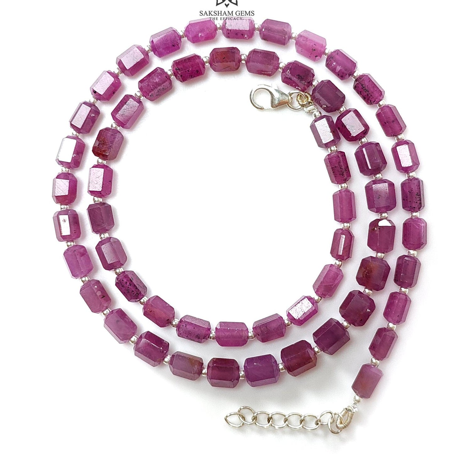 Raspberry Purple Ruby Faceted Beads Necklace: 94.05cts Natural Untreated Ruby 925 Sterling Silver Fancy Shape 6mm 16"