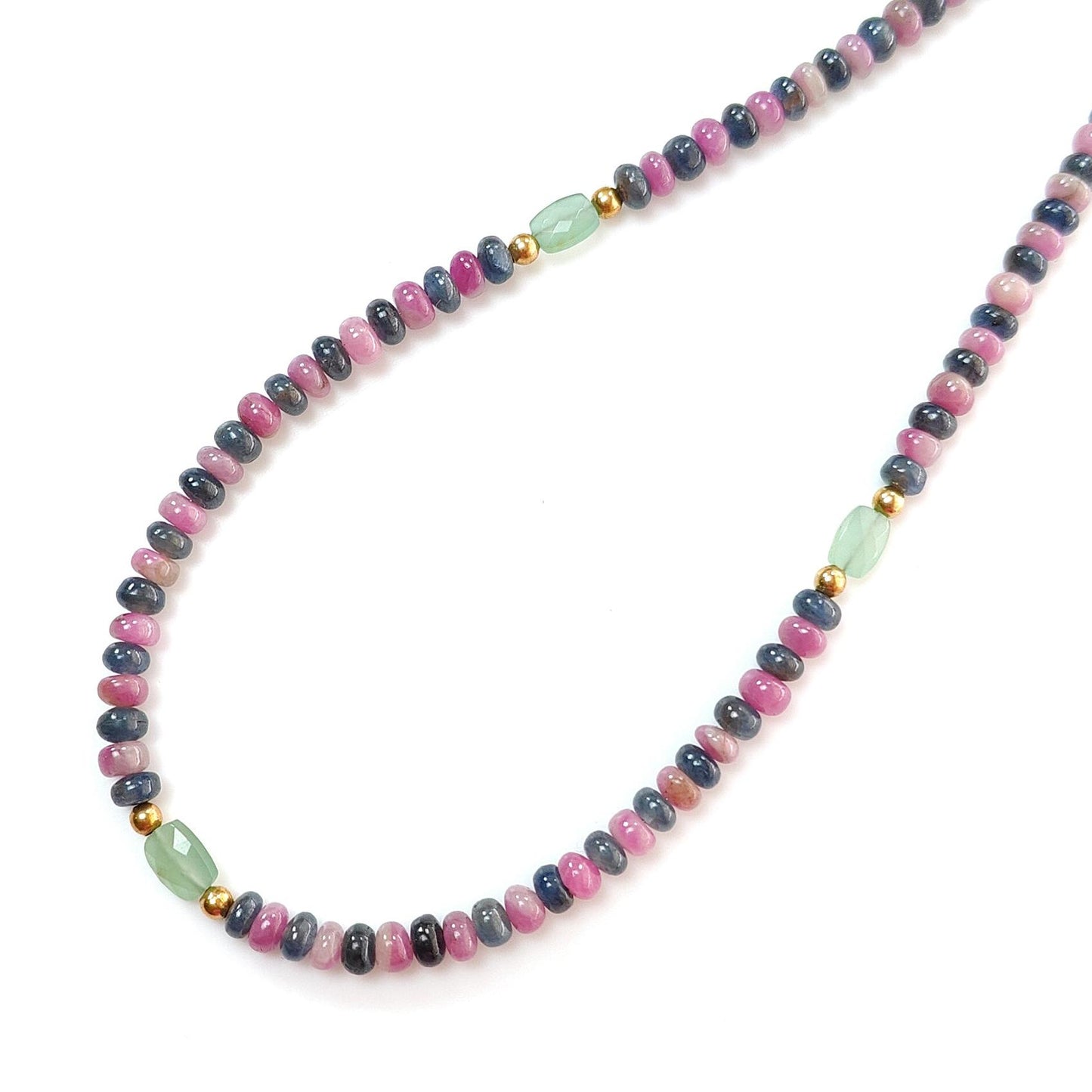 Ruby & Blue Sapphire Gemstone Beads Necklace: 18.71gms Natural Ruby, Green Quartzite Plain Rondelle Brass Necklace 3.5mm - 4mm 18"
