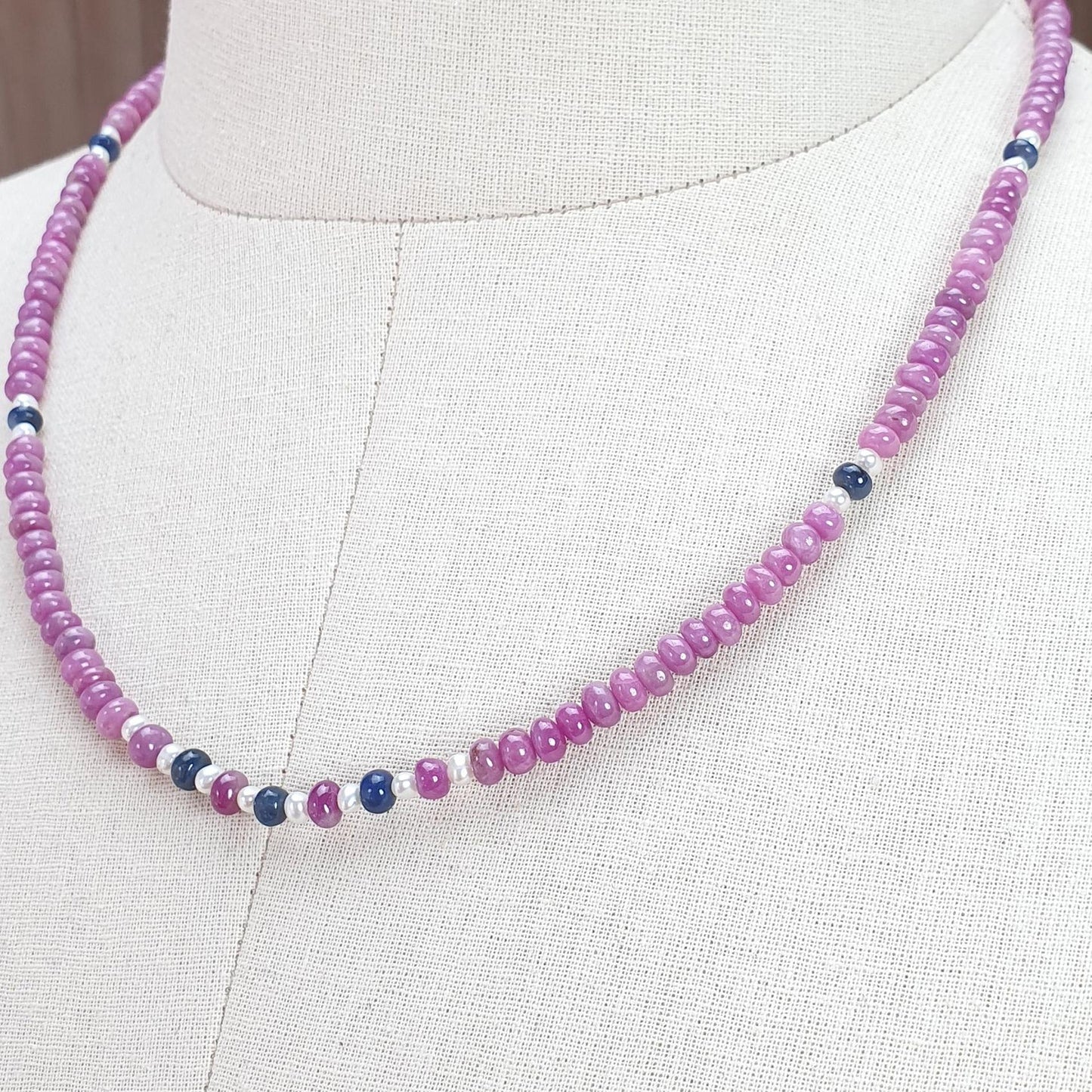Pink Sapphire Gemstone Beads Necklace: 22.83gms Natural Ruby Pearl & Blue Sapphire Plain Rondelle Brass Necklace 4.5mm - 5mm 18"