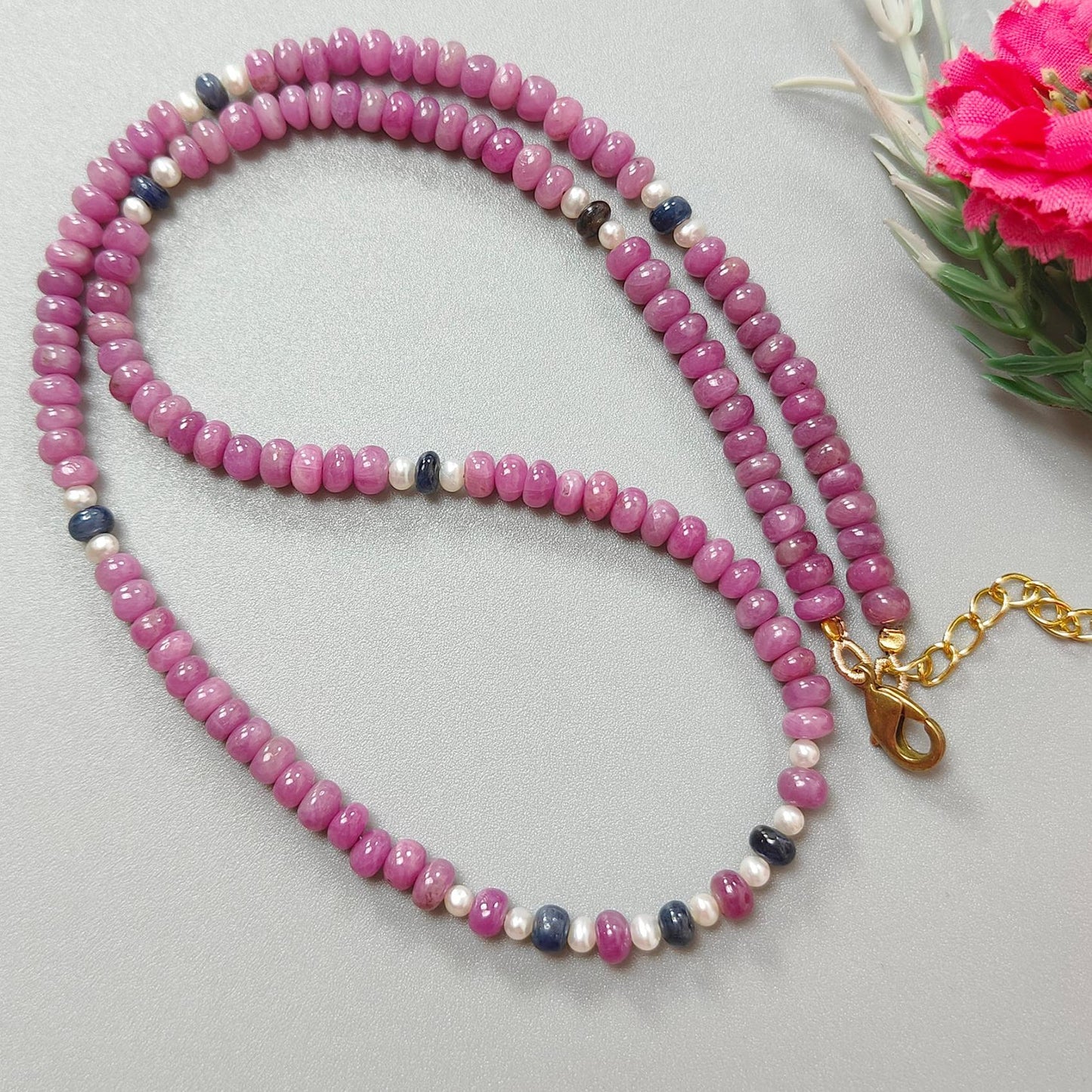 Pink Sapphire Gemstone Beads Necklace: 22.83gms Natural Ruby Pearl & Blue Sapphire Plain Rondelle Brass Necklace 4.5mm - 5mm 18"