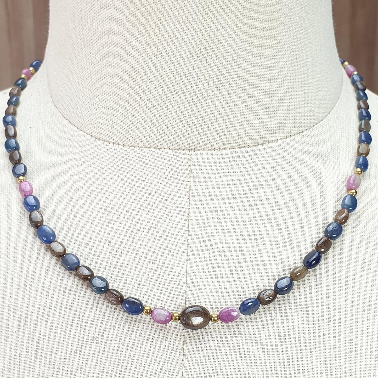 Golden, Blue & Pink Sapphire Gemstone Beads Necklace: 18.84gms Natural Untreated Sapphire Plain Oval Brass Necklace 6*5mm - 7*5mm 18"