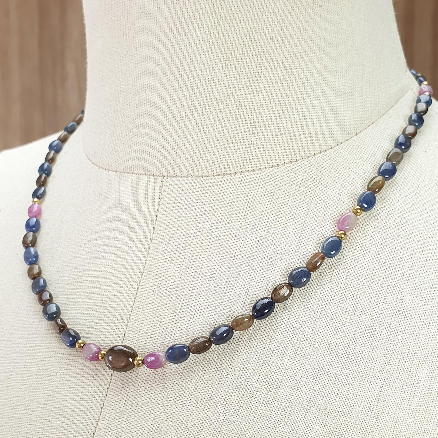 Golden, Blue & Pink Sapphire Gemstone Beads Necklace: 18.84gms Natural Untreated Sapphire Plain Oval Brass Necklace 6*5mm - 7*5mm 18"