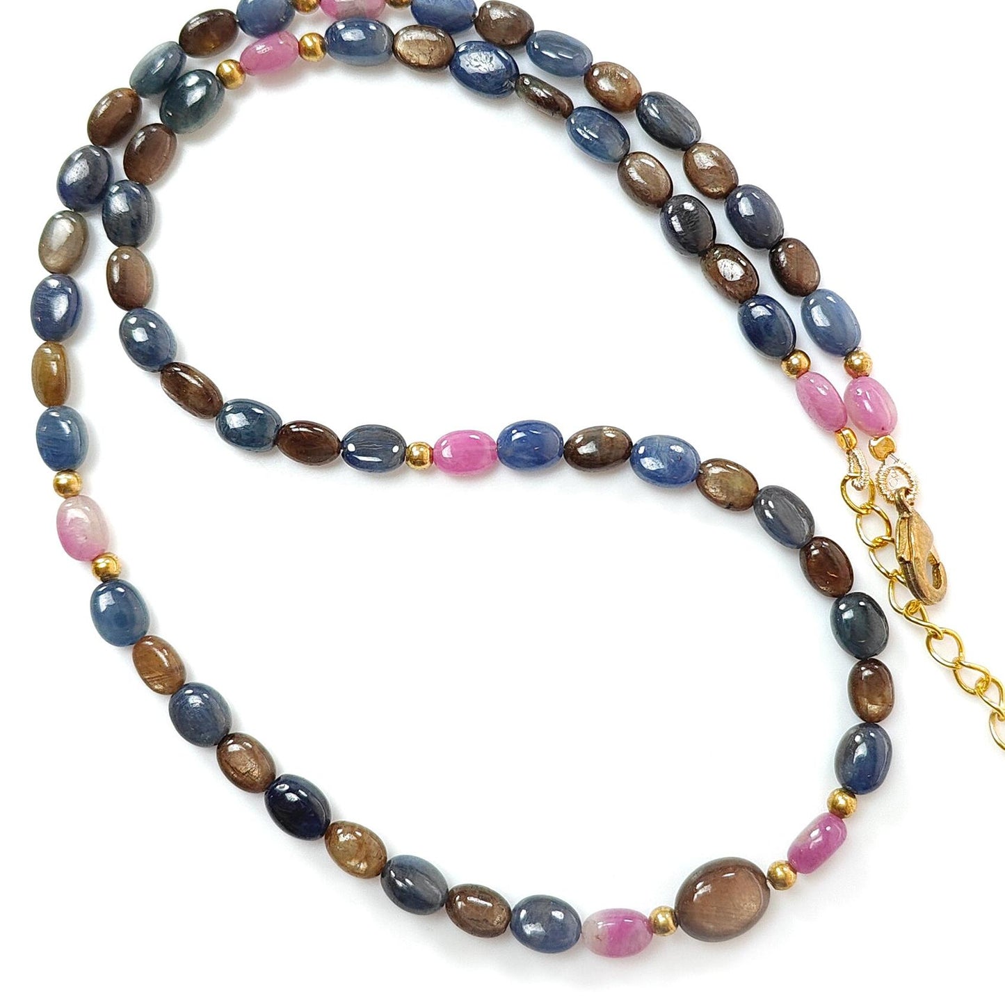 Golden, Blue & Pink Sapphire Gemstone Beads Necklace: 18.84gms Natural Untreated Sapphire Plain Oval Brass Necklace 6*5mm - 7*5mm 18"