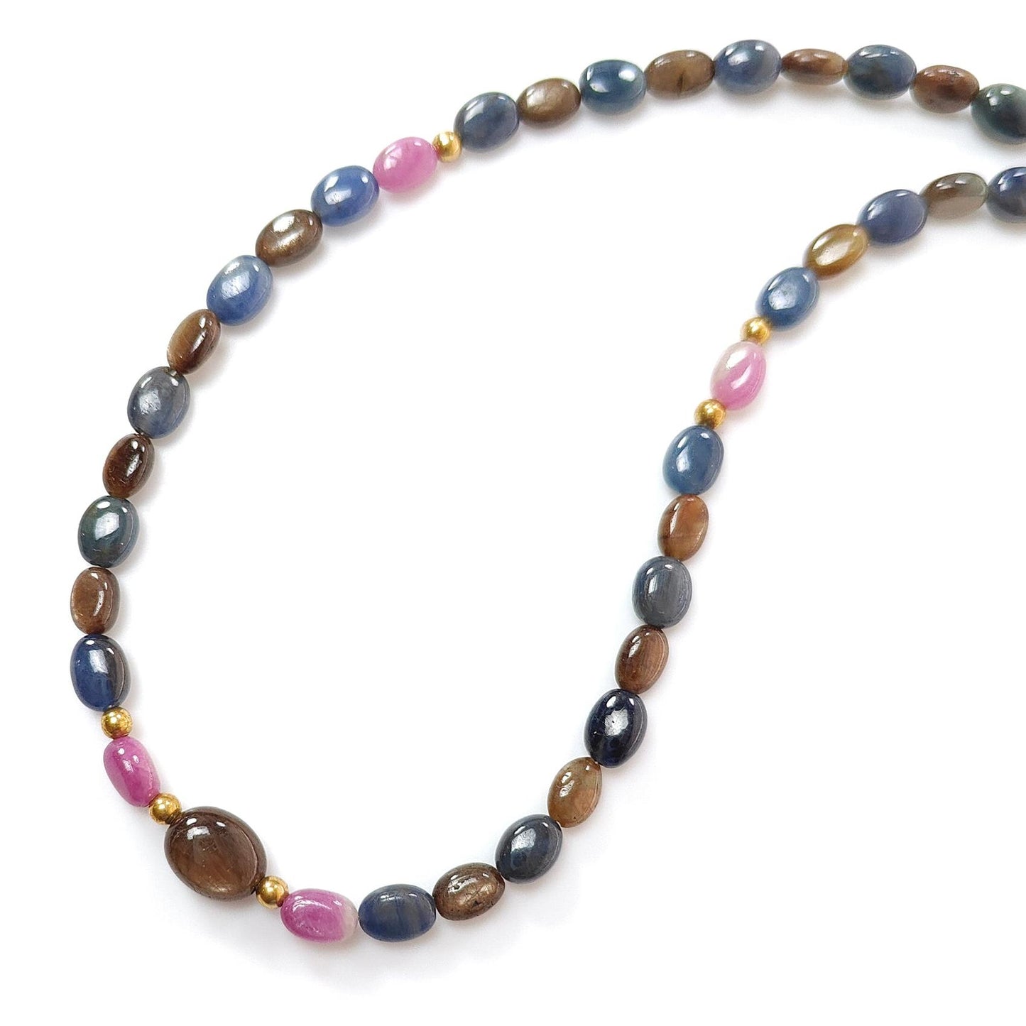 Golden, Blue & Pink Sapphire Gemstone Beads Necklace: 18.84gms Natural Untreated Sapphire Plain Oval Brass Necklace 6*5mm - 7*5mm 18"