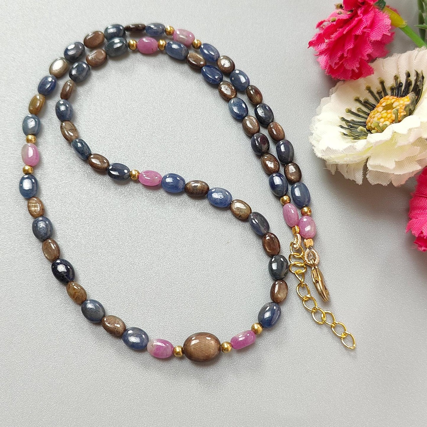 Golden, Blue & Pink Sapphire Gemstone Beads Necklace: 18.84gms Natural Untreated Sapphire Plain Oval Brass Necklace 6*5mm - 7*5mm 18"