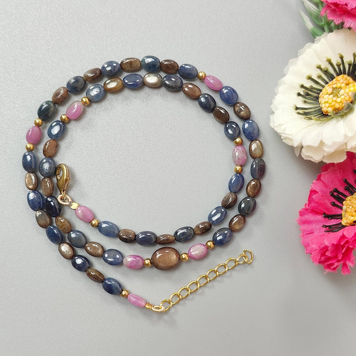 Golden, Blue & Pink Sapphire Gemstone Beads Necklace: 18.84gms Natural Untreated Sapphire Plain Oval Brass Necklace 6*5mm - 7*5mm 18"