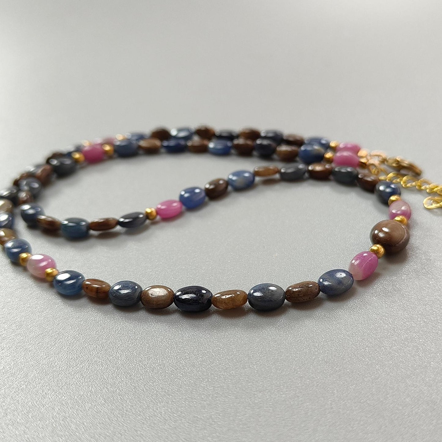 Golden, Blue & Pink Sapphire Gemstone Beads Necklace: 18.84gms Natural Untreated Sapphire Plain Oval Brass Necklace 6*5mm - 7*5mm 18"