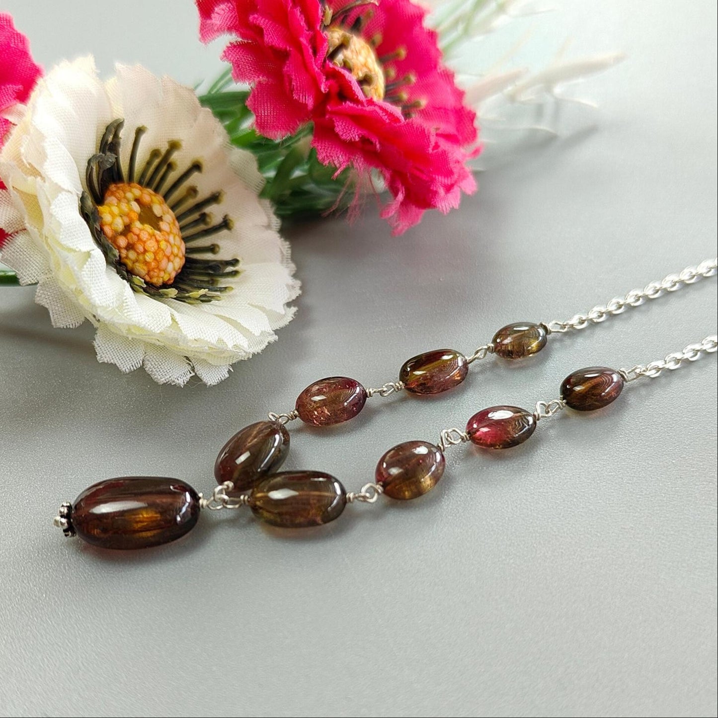 Watermelon Tourmaline Chain Necklace: 42.35cts Natural Untreated Tourmaline 925 Sterling Silver Plain Oval 7*6.5mm - 13*9mm 20"
