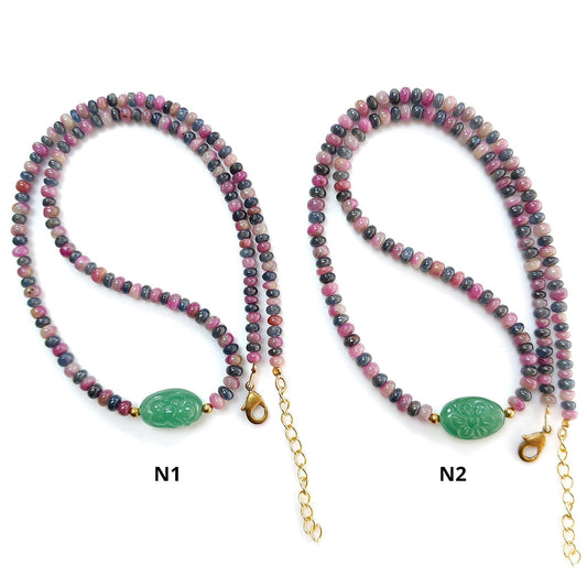Zoisite Ruby & Blue Sapphire Gemstone Beads Necklace: Natural Untreated Ruby, Green Quartzite Plain Rondelle Brass Necklace 18" 1 Strand