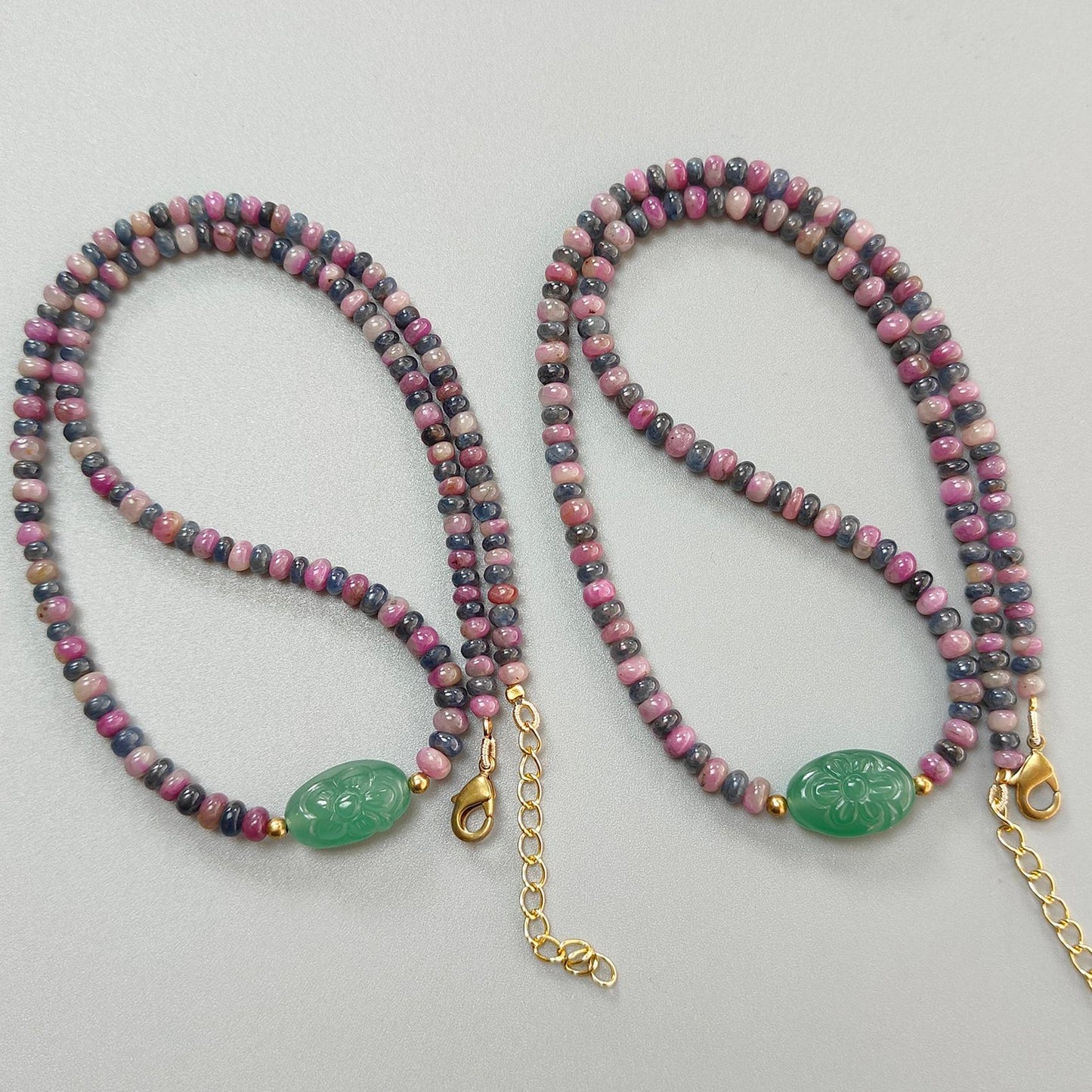 Zoisite Ruby & Blue Sapphire Gemstone Beads Necklace: Natural Untreated Ruby, Green Quartzite Plain Rondelle Brass Necklace 18" 1 Strand