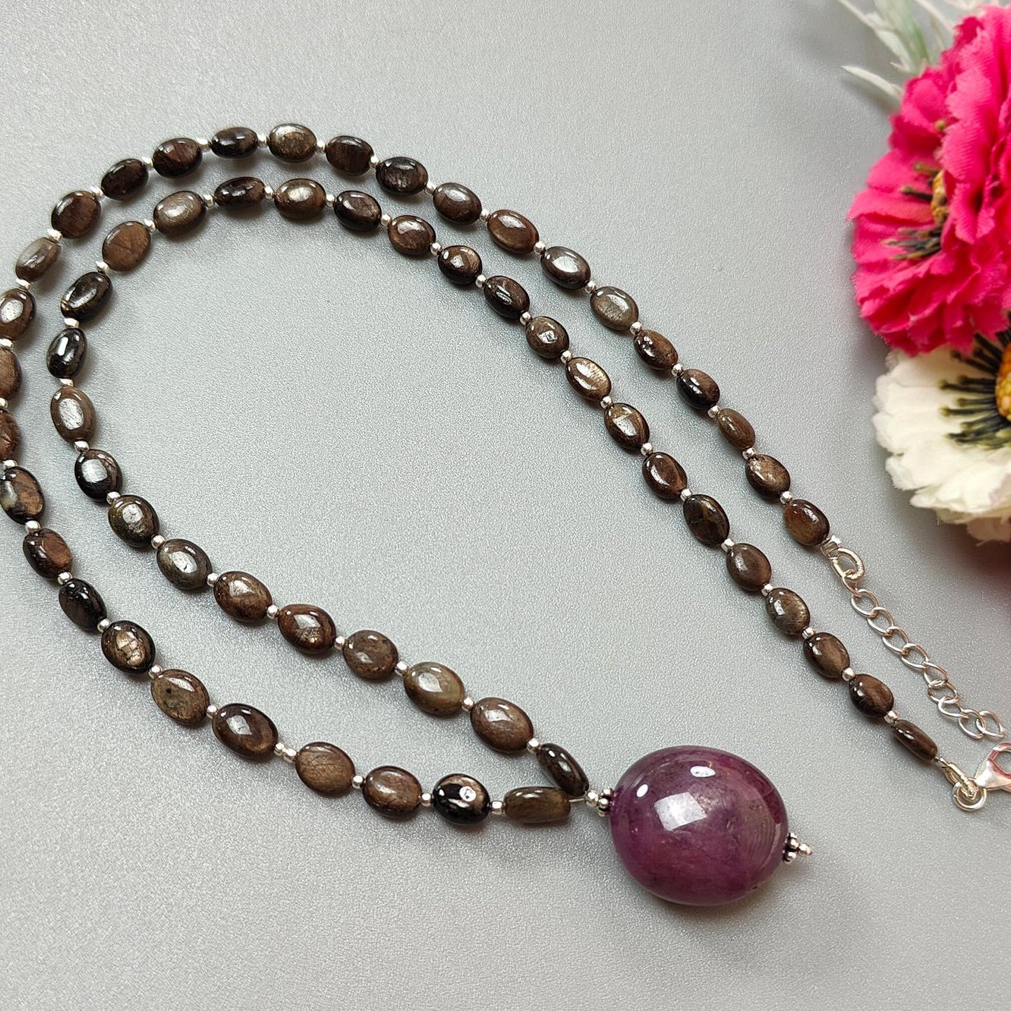 Golden Chocolate Sapphire Gemstone Beads Necklace: 29.10gms Natural Ruby, Sapphire Plain Oval 925 Silver Necklace 6*5mm - 8*6mm 22"