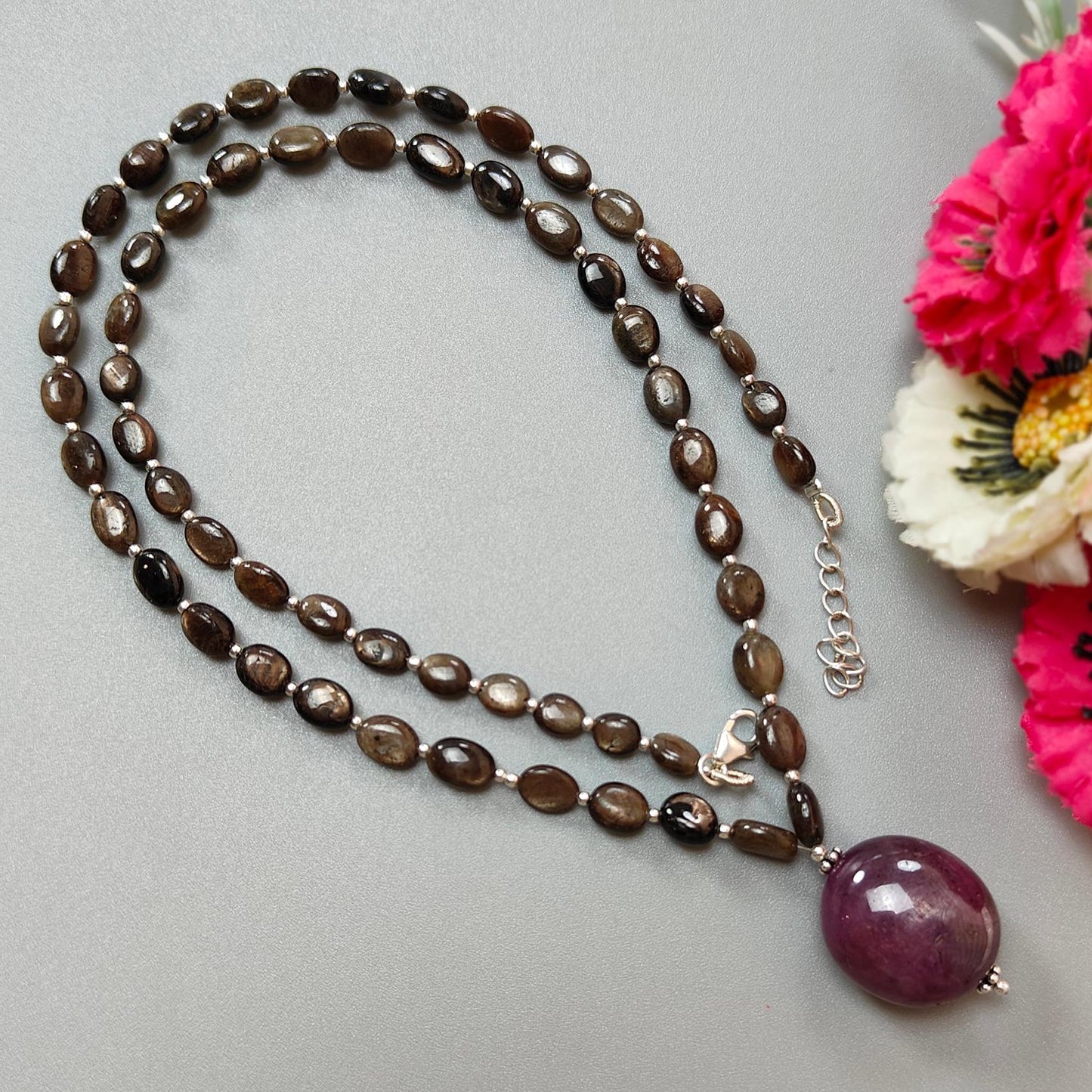 Golden Chocolate Sapphire Gemstone Beads Necklace: 29.10gms Natural Ruby, Sapphire Plain Oval 925 Silver Necklace 6*5mm - 8*6mm 22"