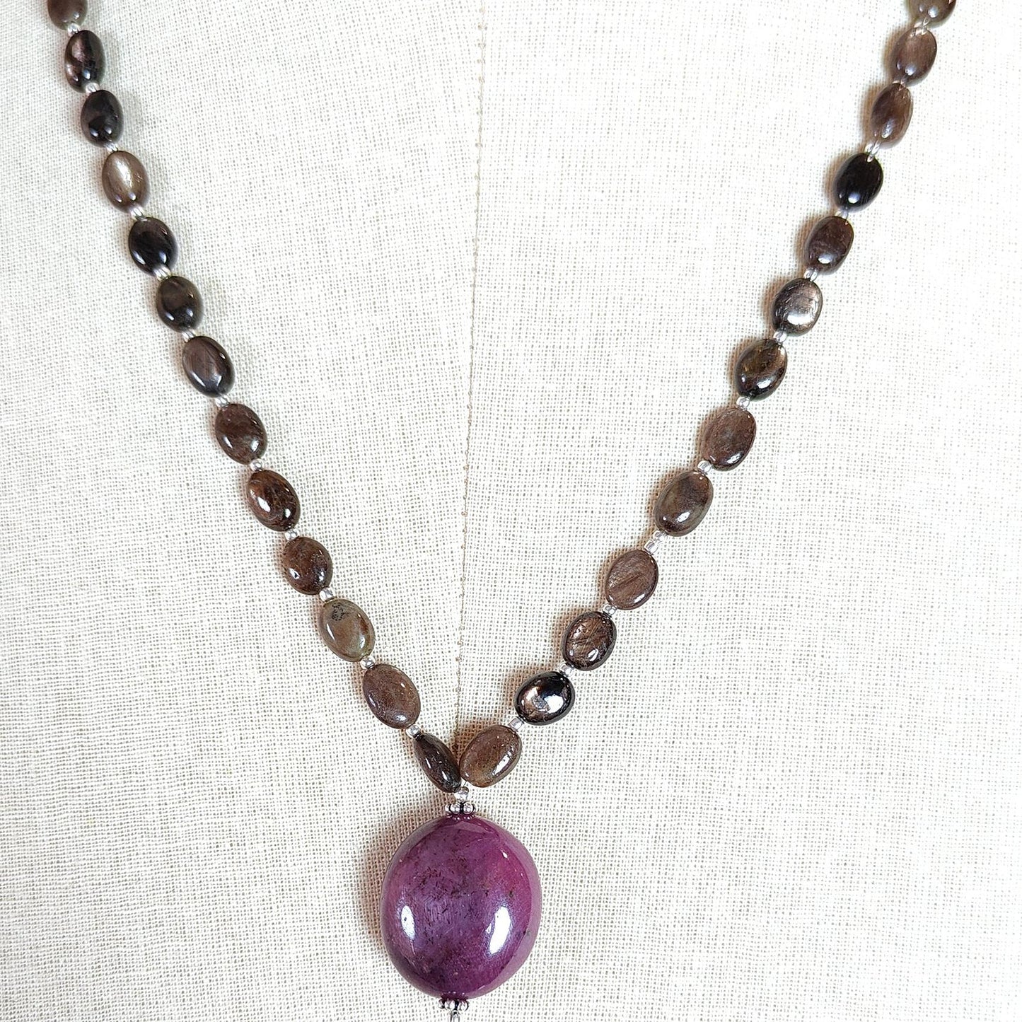 Golden Chocolate Sapphire Gemstone Beads Necklace: 29.10gms Natural Ruby, Sapphire Plain Oval 925 Silver Necklace 6*5mm - 8*6mm 22"