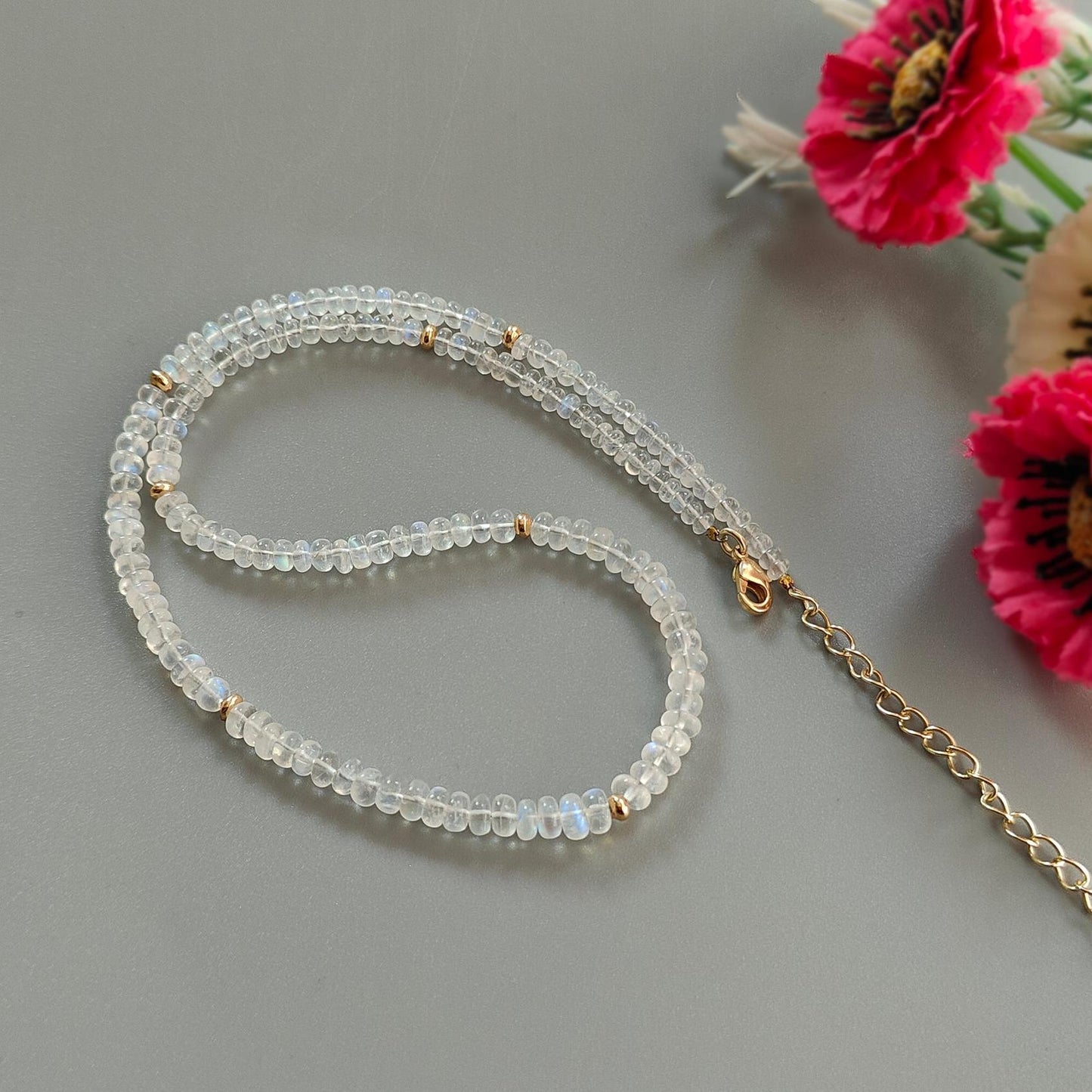 Rainbow Moonstone Gemstone Beads Necklace: 13.88gms Natural Moonstone Plain Rondelle Brass Necklace 16.5" Necklace June Birthstone