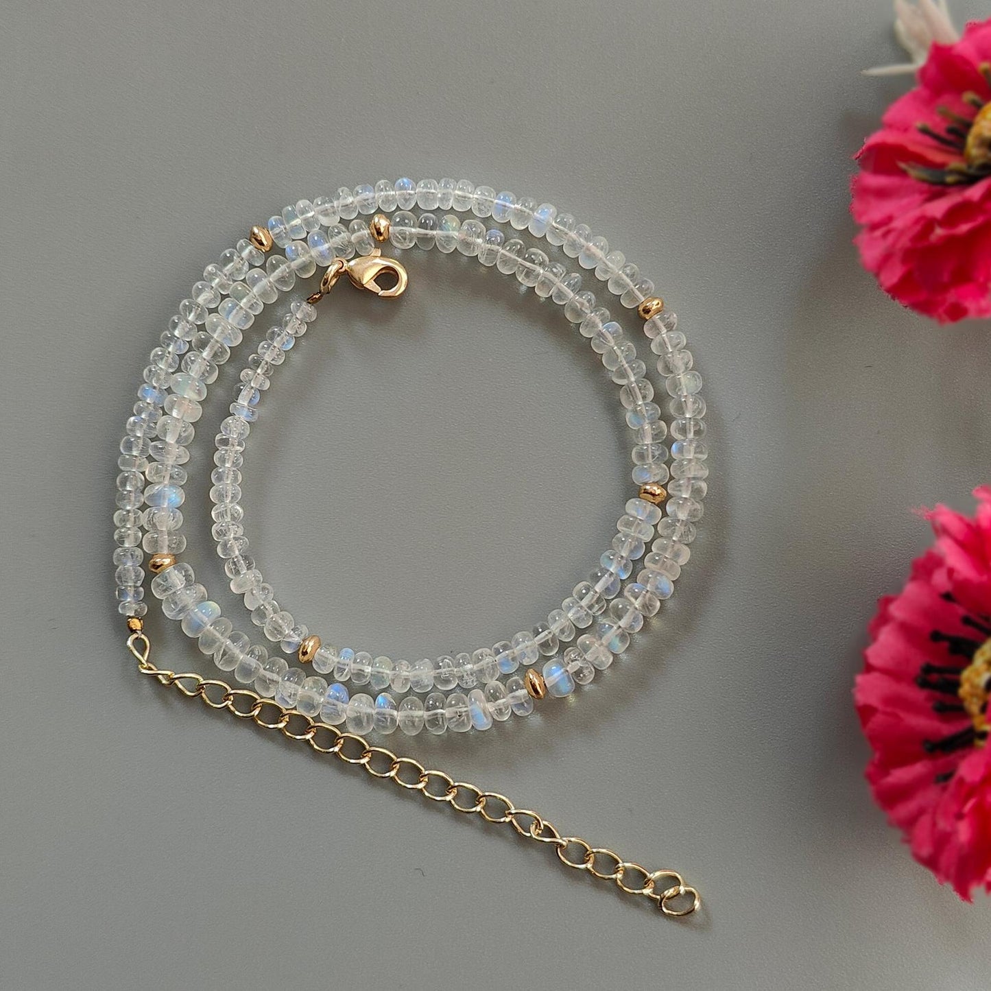 Rainbow Moonstone Gemstone Beads Necklace: 13.88gms Natural Moonstone Plain Rondelle Brass Necklace 16.5" Necklace June Birthstone