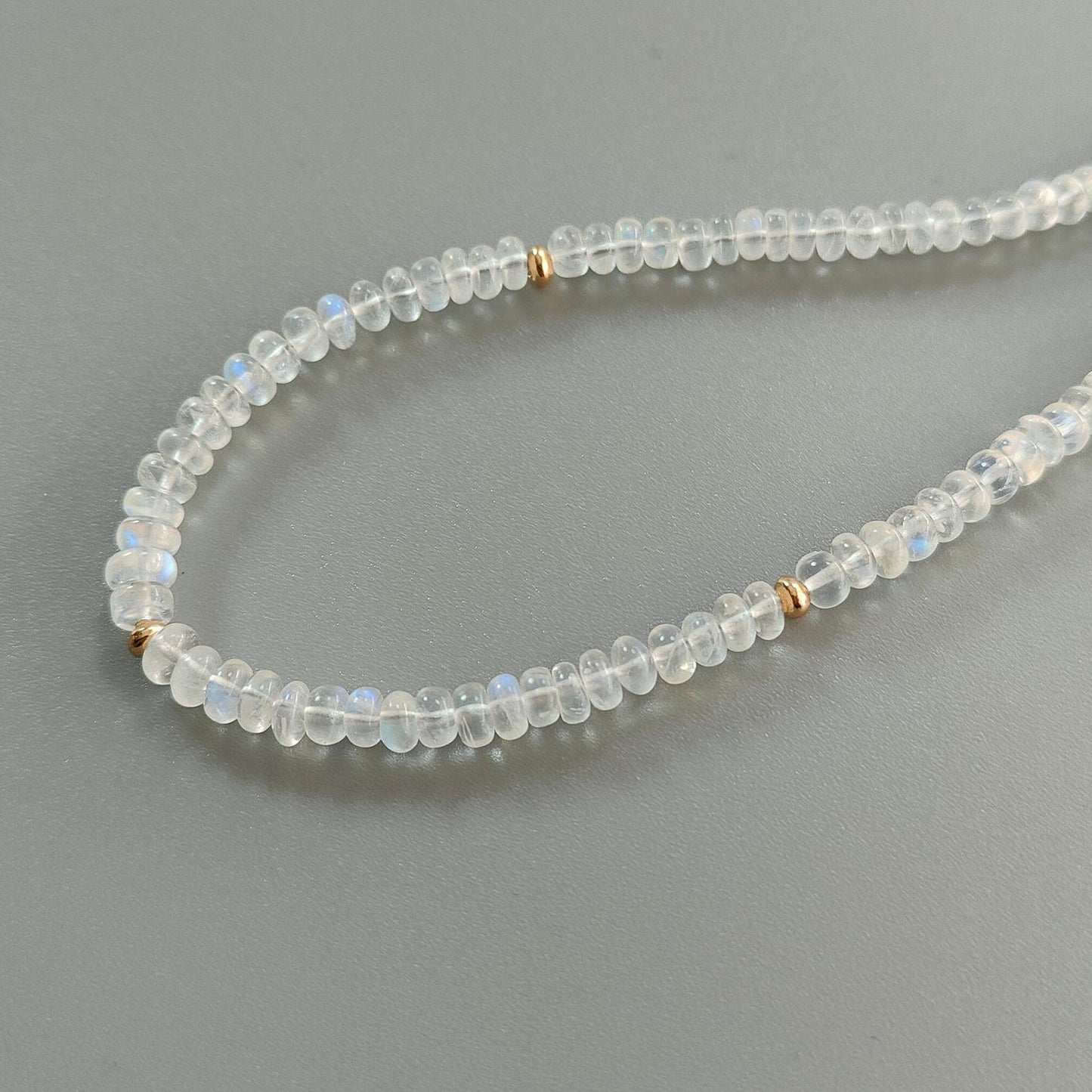 Rainbow Moonstone Gemstone Beads Necklace: 13.88gms Natural Moonstone Plain Rondelle Brass Necklace 16.5" Necklace June Birthstone