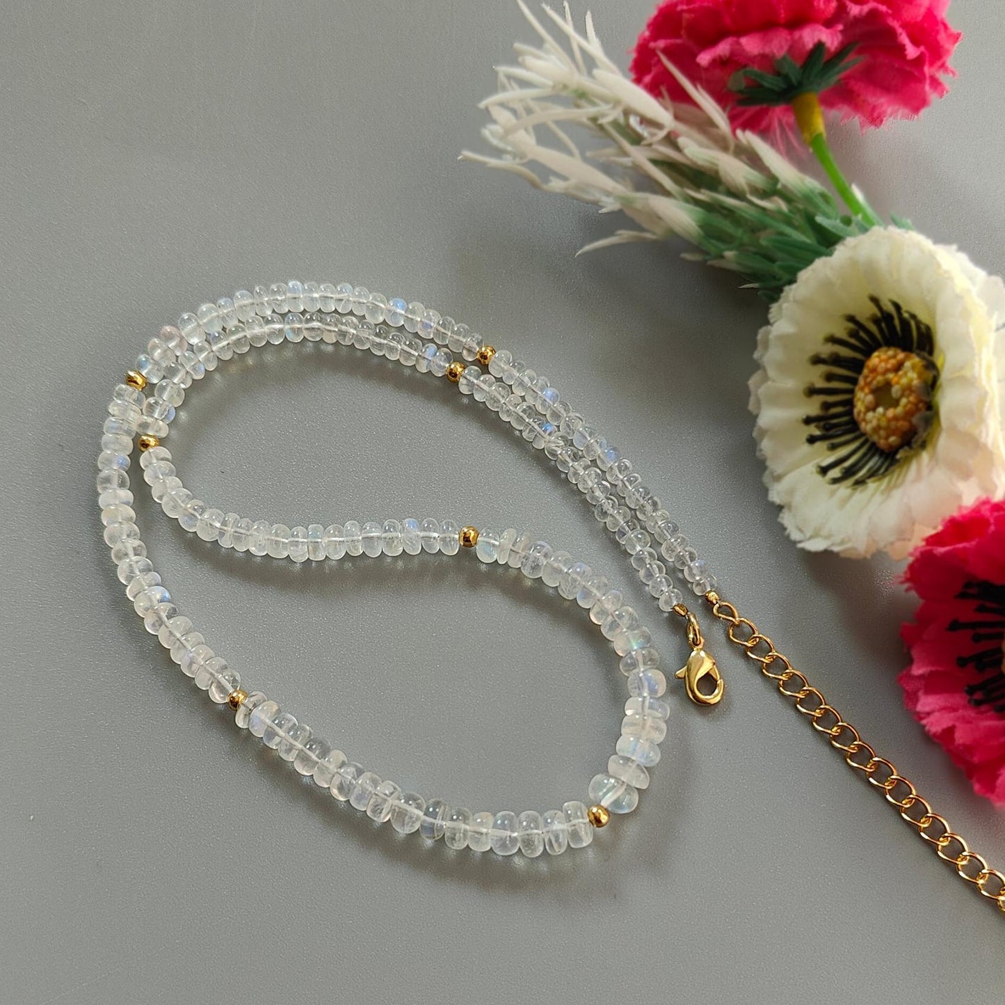 Rainbow Moonstone Gemstone Beads Necklace: 15.51gms Natural Moonstone Plain Rondelle Brass Necklace 17" Necklace June Birthstone