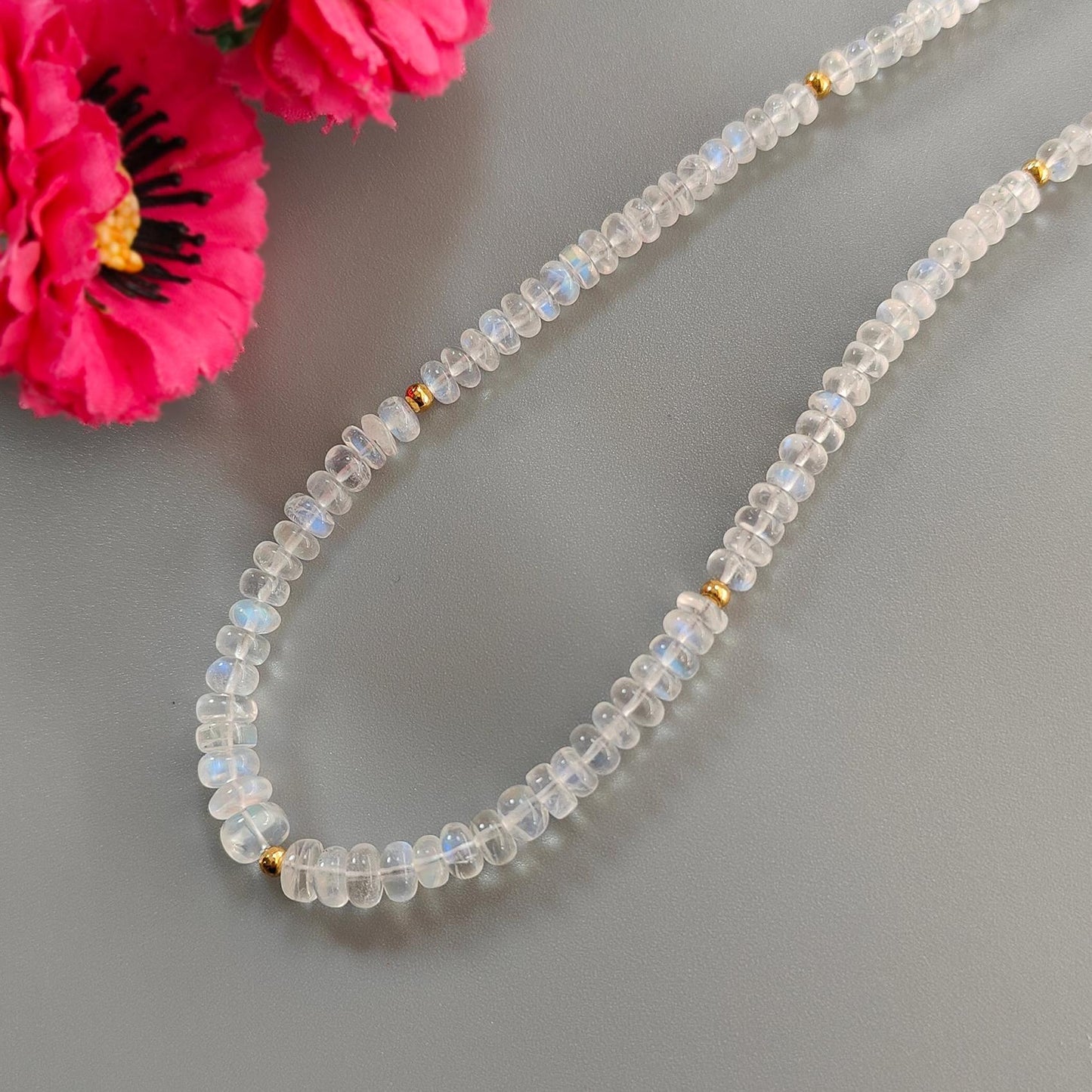 Rainbow Moonstone Gemstone Beads Necklace: 15.51gms Natural Moonstone Plain Rondelle Brass Necklace 17" Necklace June Birthstone