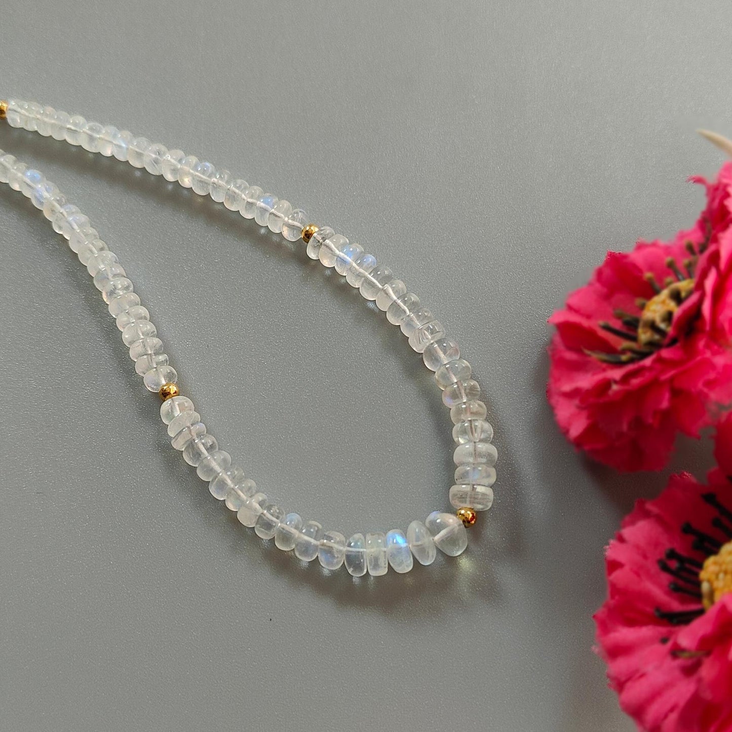 Rainbow Moonstone Gemstone Beads Necklace: 15.51gms Natural Moonstone Plain Rondelle Brass Necklace 17" Necklace June Birthstone