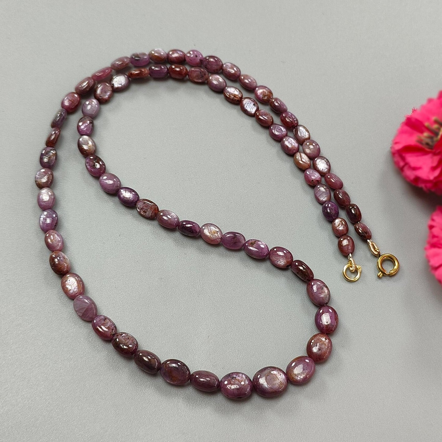 Pink Sapphire Gemstone Beads Necklace: 135.80cts Natural Untreated Raspberry Sheen Sapphire Plain Oval Brass Necklace 6*5mm - 10*8mm 21"