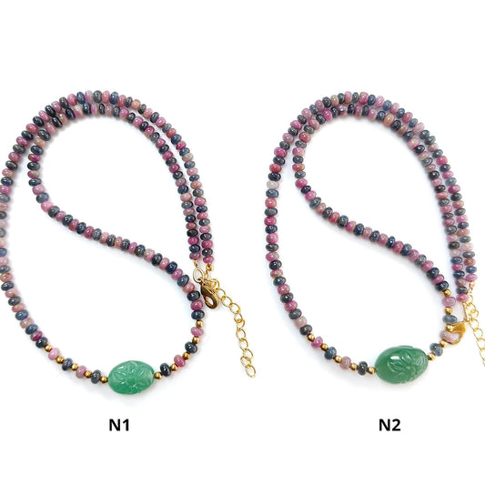 Zoisite Ruby & Blue Sapphire Gemstone Beads Necklace: Natural Untreated Ruby, Green Quartzite Plain Rondelle Brass Necklace 18" 1 Strand