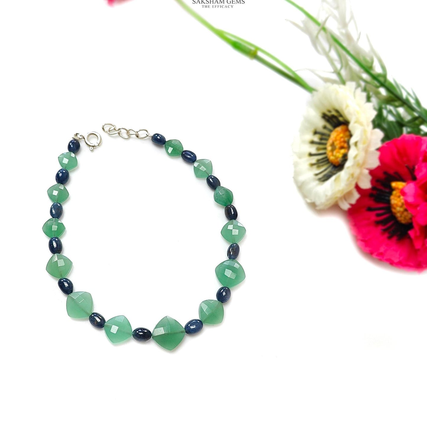 Quartz & Sapphire Gemstone Beads Bracelet : 7.63gms Green Quartz Blue Sapphire 925 Sterling Sliver Beaded Bracelet Checker Cut 8.5"