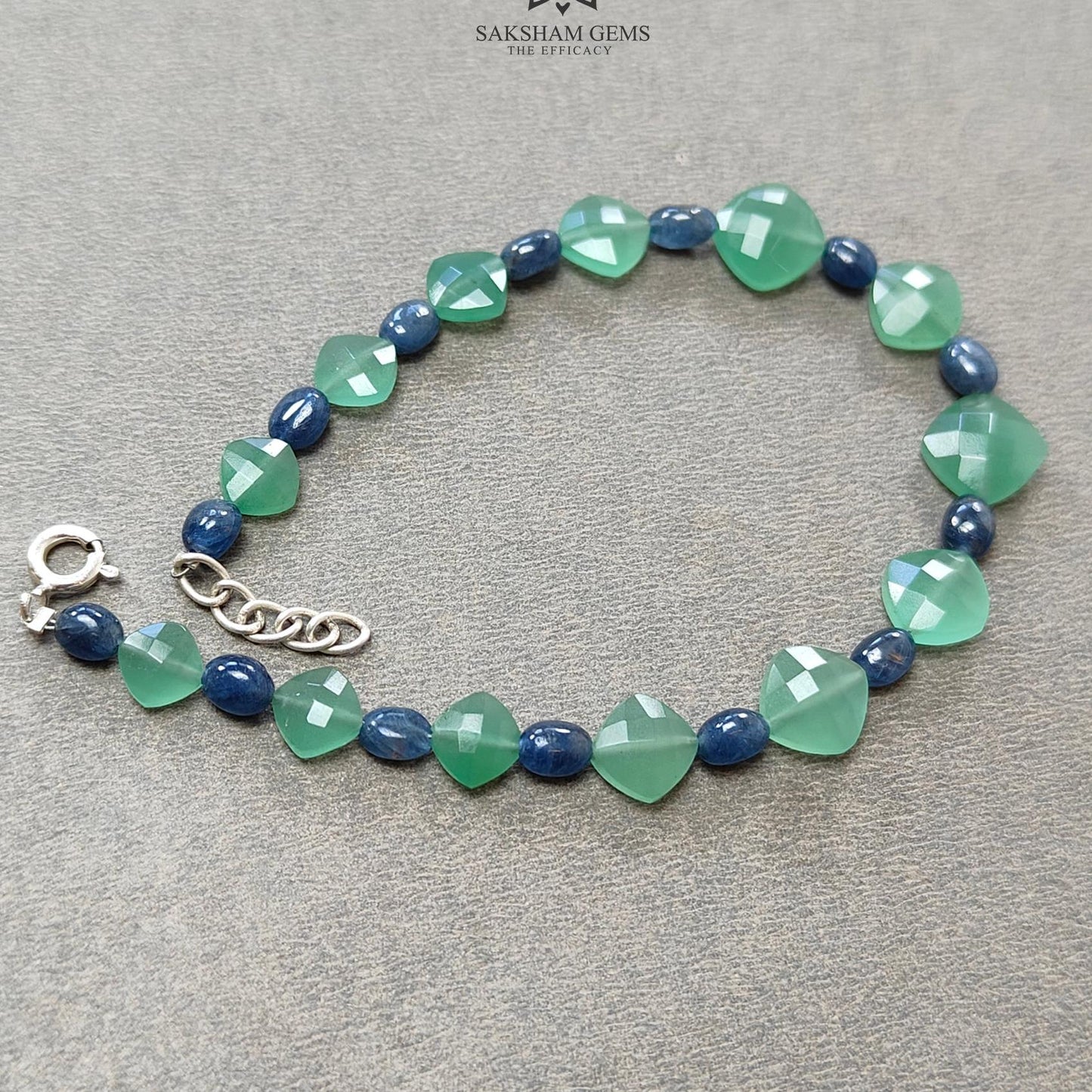Quartz & Sapphire Gemstone Beads Bracelet : 7.63gms Green Quartz Blue Sapphire 925 Sterling Sliver Beaded Bracelet Checker Cut 8.5"