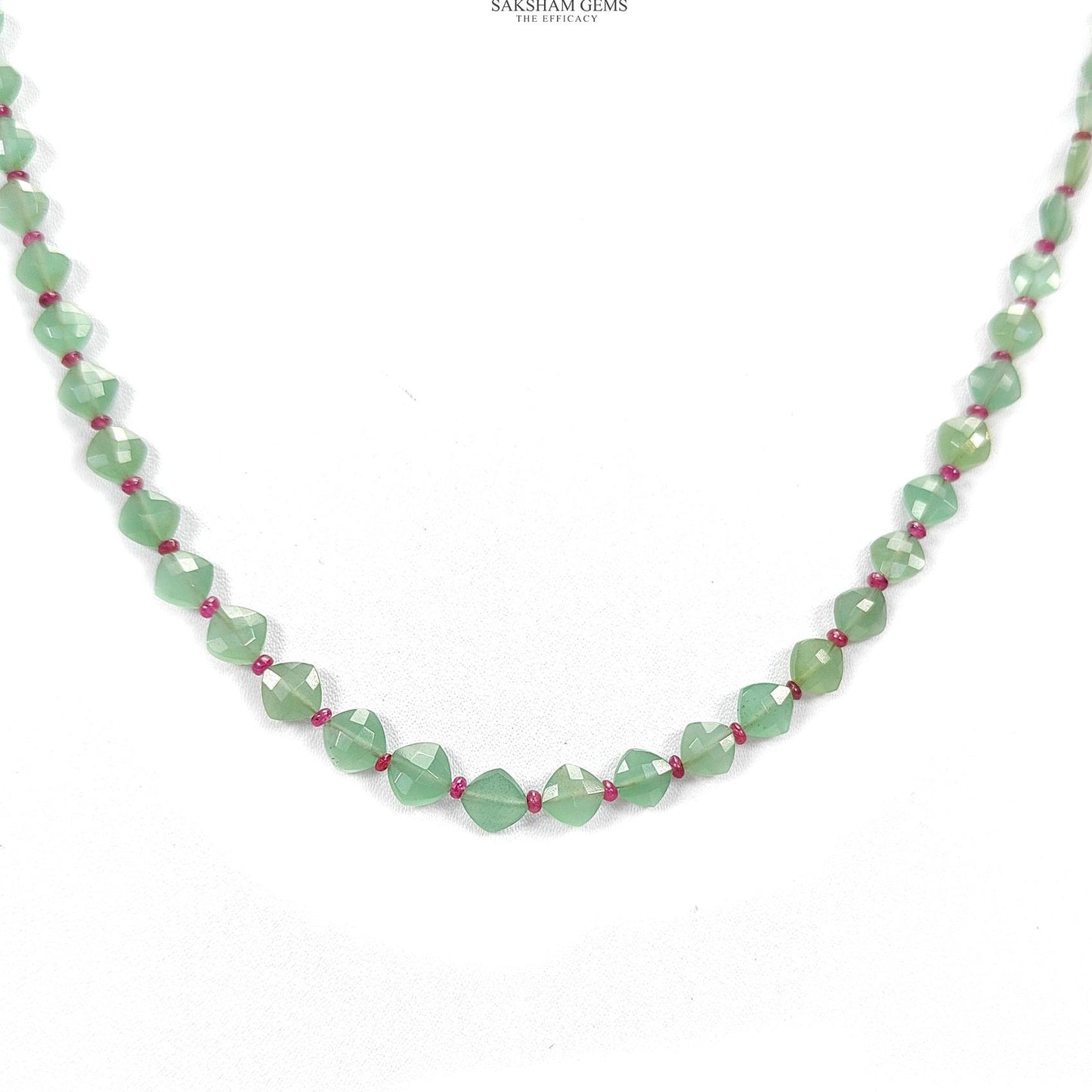 Quartz & Ruby Beads Necklace : 8.5gms 925 Sterling Silver Ruby Green Quartz Briolette Faceted Cushion Necklace 19"