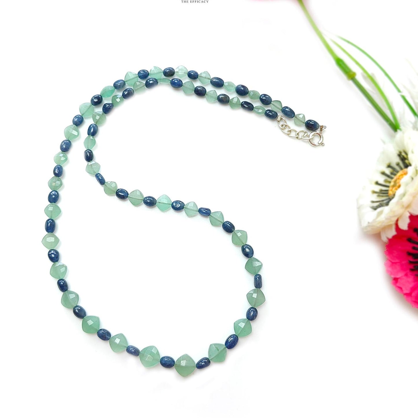 Sapphire & Quartz Beads Necklace : 11.65gms 925 Sterling Silver Blue Sapphire Green Quartz Briolette Faceted Plain Oval Cushion Necklace 18"