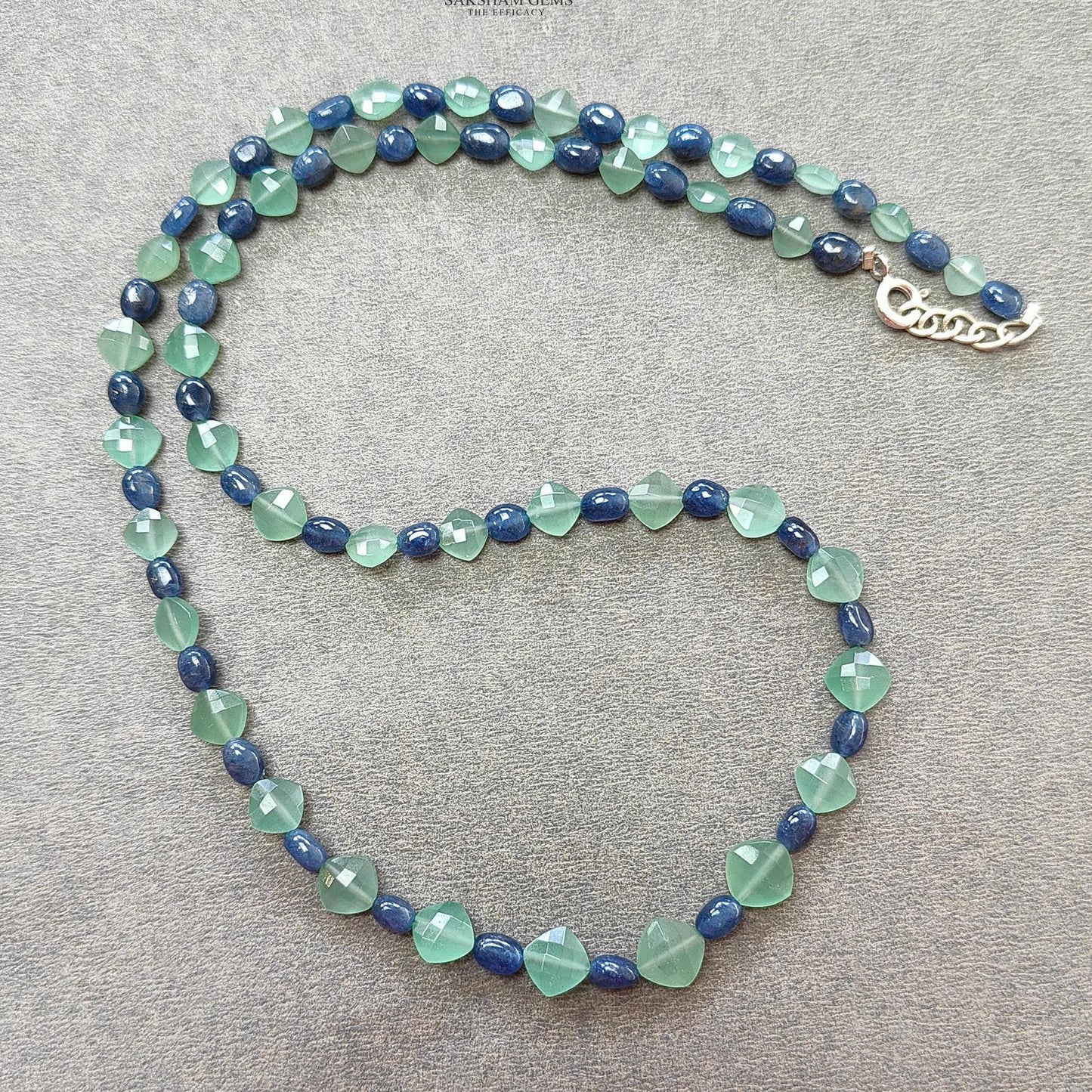 Sapphire & Quartz Beads Necklace : 11.65gms 925 Sterling Silver Blue Sapphire Green Quartz Briolette Faceted Plain Oval Cushion Necklace 18"