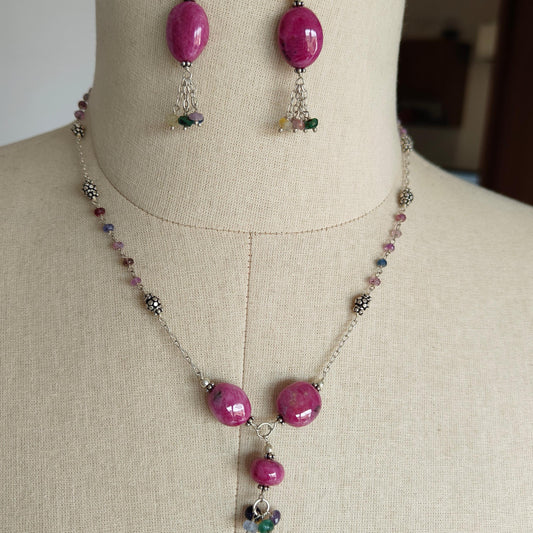 Ruby & Emerald Sapphire Beads Necklace And Earring : 30.43gms 925 Silver Natural Ruby Untreated Plain Beaded Earrings Necklace Set