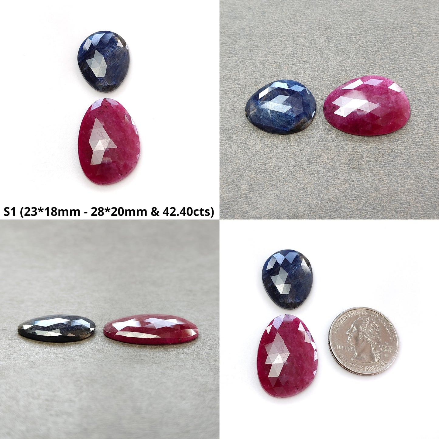 Ruby & Blue Sapphire Gemstone Rose Cut : Natural Untreated Unheated Red Ruby And Blue Sapphire Egg Shape Set