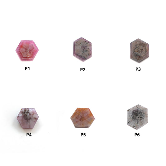 Sapphire Trapiche Flat Slices : Natural Untreated Raspberry Pink Sheen Sapphire Gemstone 6Ray Trapiche Hexagon Shape